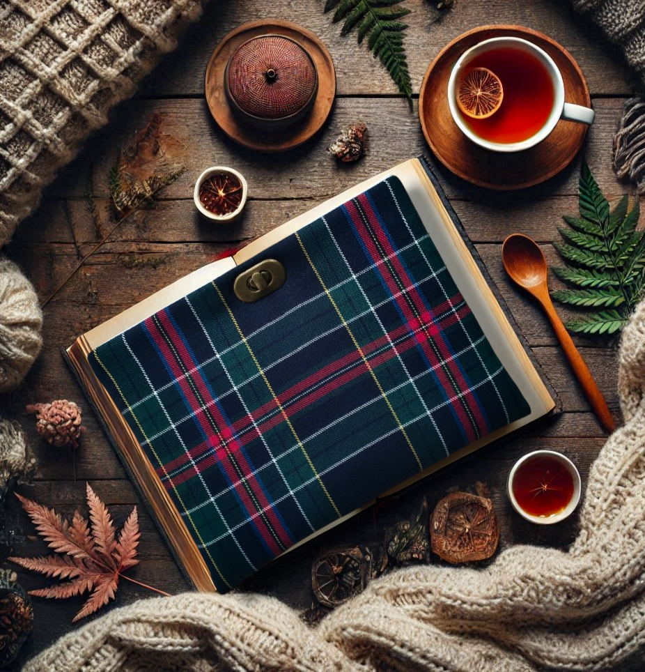 Pochette pour livres en tartan bleu foncé fait main