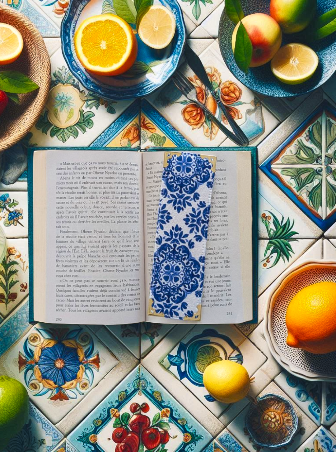 Marque-page en tissu motif Azulejos avec angles en métal doré