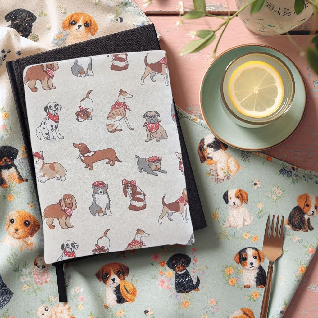 Pochette à livre et liseuse motif petits chiens