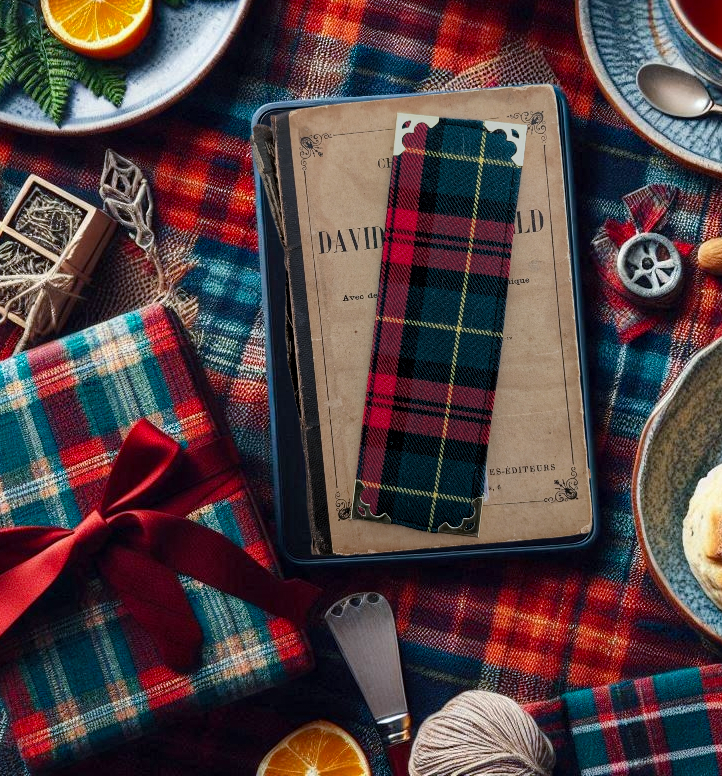 Marque-pages en tissu en tartan rouge et vert avec coins en métal doré