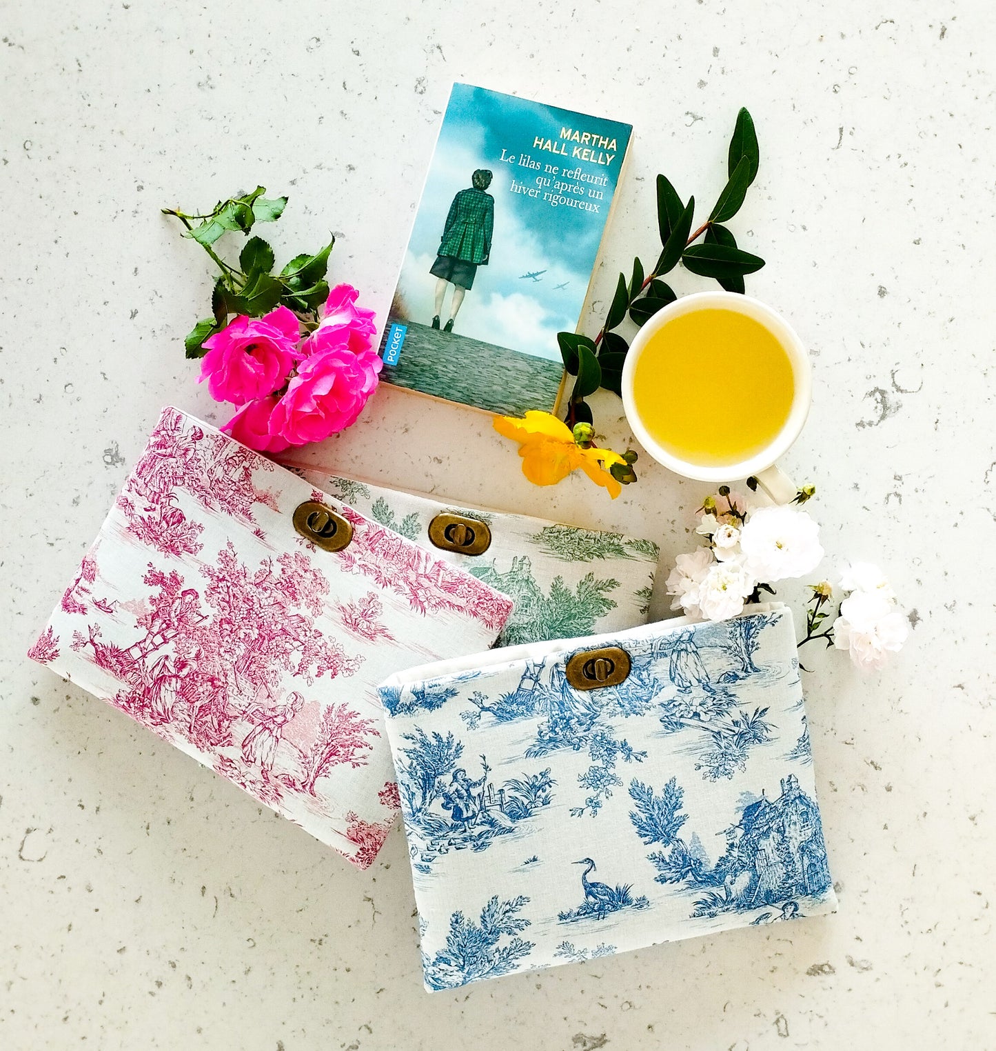 Pochette pour livres en toile de Jouy rose fait main