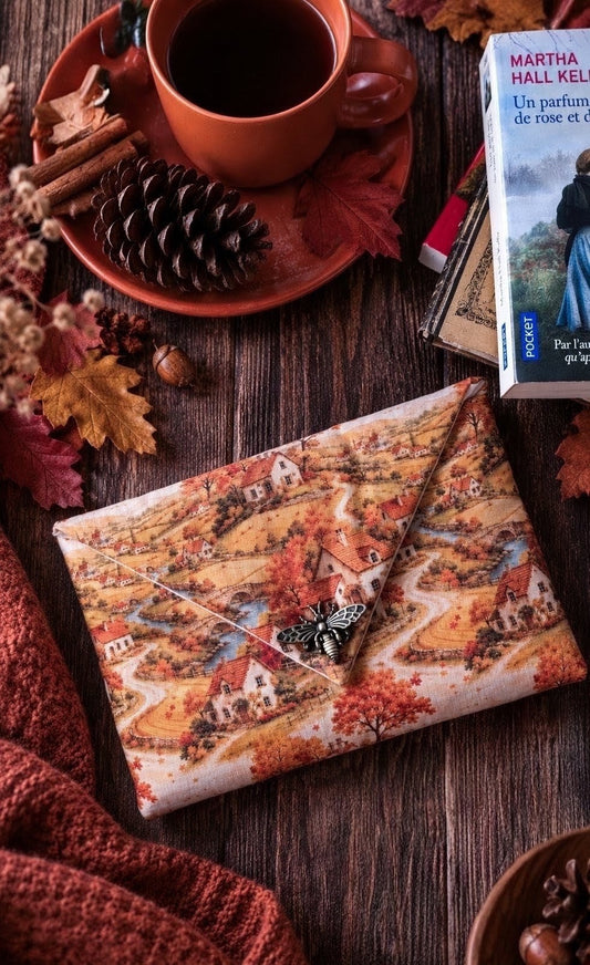 Pochette pour livre "Le Hameau d’Automne" avec fermoir abeille en laiton