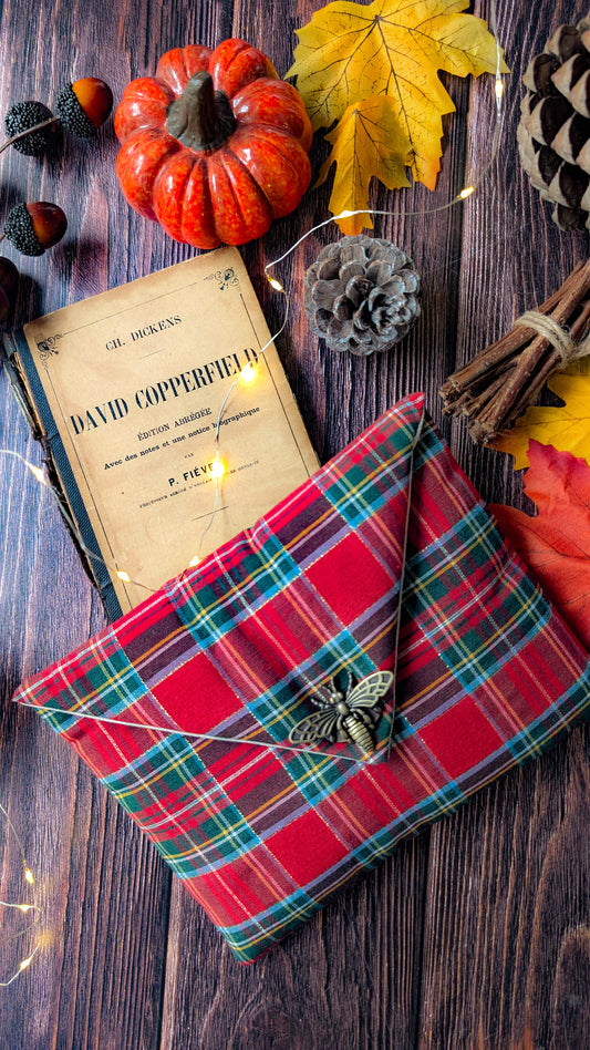 Pochette liseuse 6 pouces tartan rouge et lurex doré