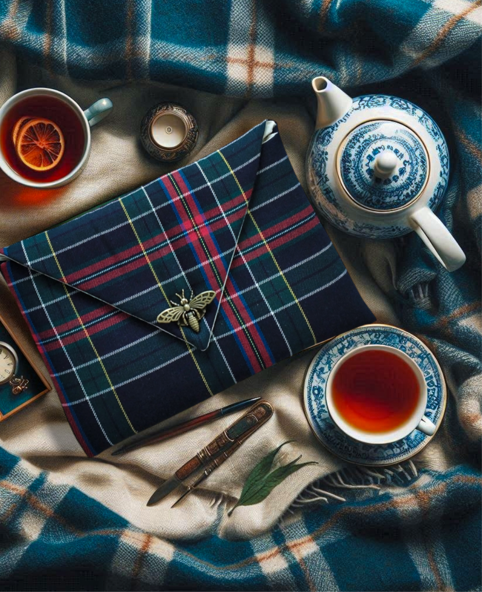 Pochette pour livre en tissu tartan bleu avec fermoir abeille en laiton