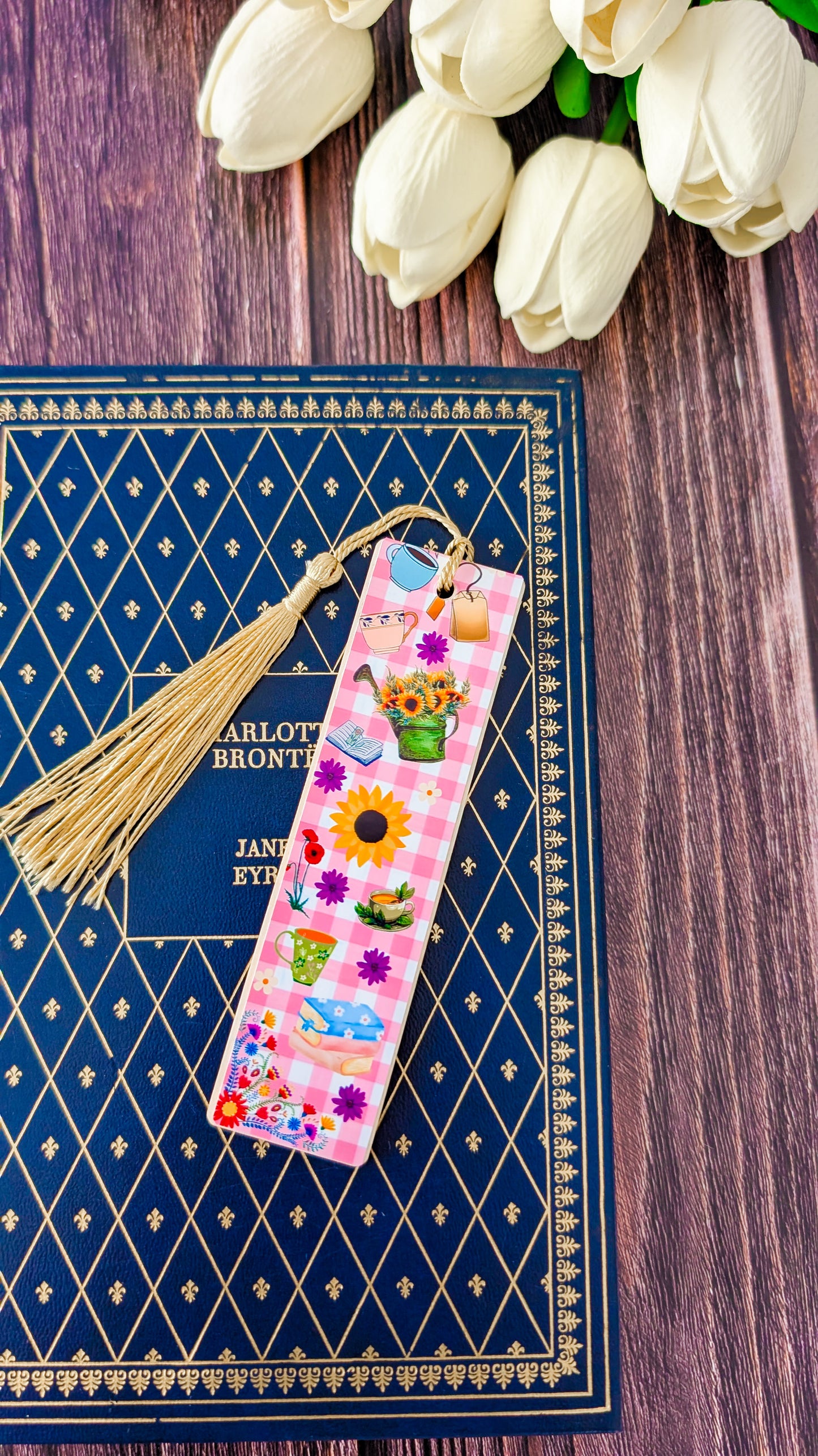 Marque-pages en bois fait main imprimé été cosy rose
