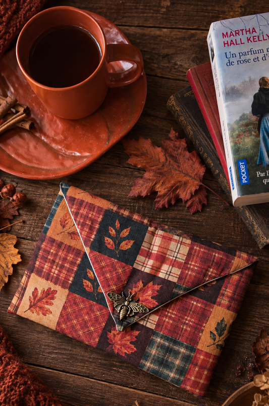 Pochette pour livre "patchwork d’Automne" avec fermoir abeille en laiton