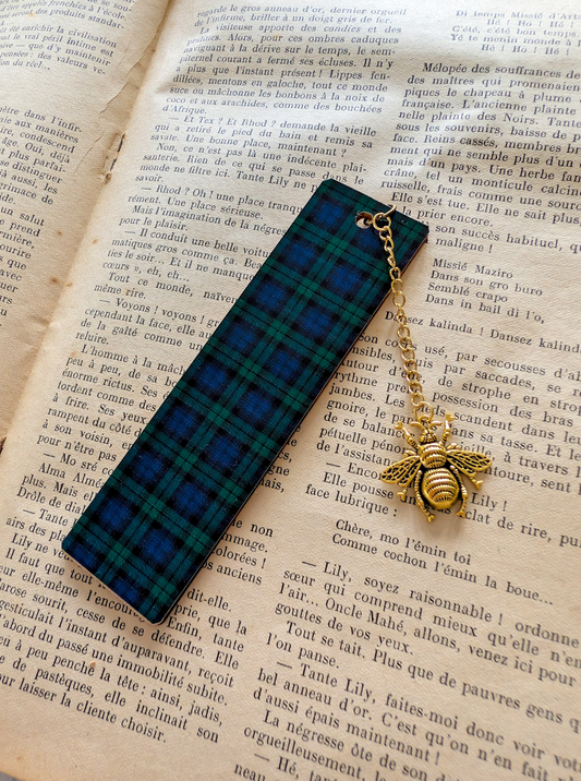 Marque-pages en bois fait main imprimé à carreaux tartan écossais bleu et vert bijoux abeille