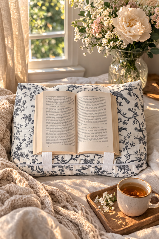 Maxi coussin de lecture avec poches toile de Jouy noire imprimé oiseaux et fleurs