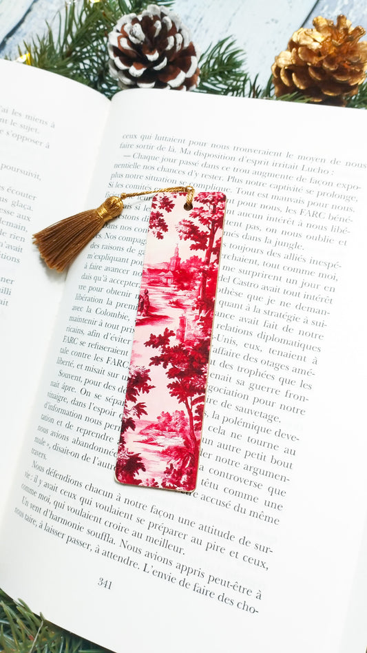 Marque-pages en bois fait main imprimé toile de Jouy rose