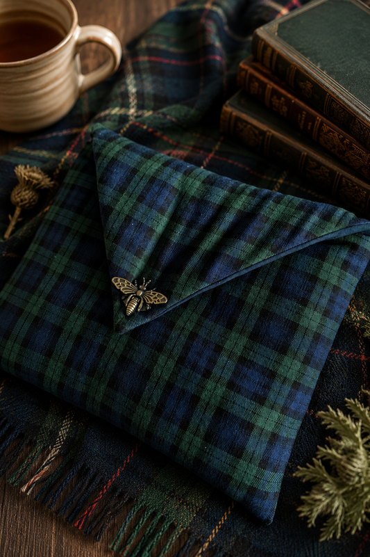 Pochette pour livre en tissu tartan bleu et vert avec fermoir abeille en laiton