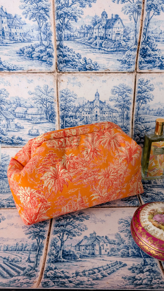 Trousse de toilette toile de Jouy orange et rouge