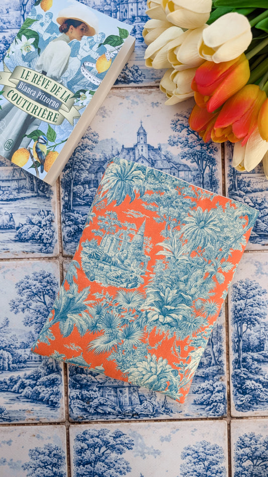 Pochette à livre et liseuse Toile de Jouy orange et bleu