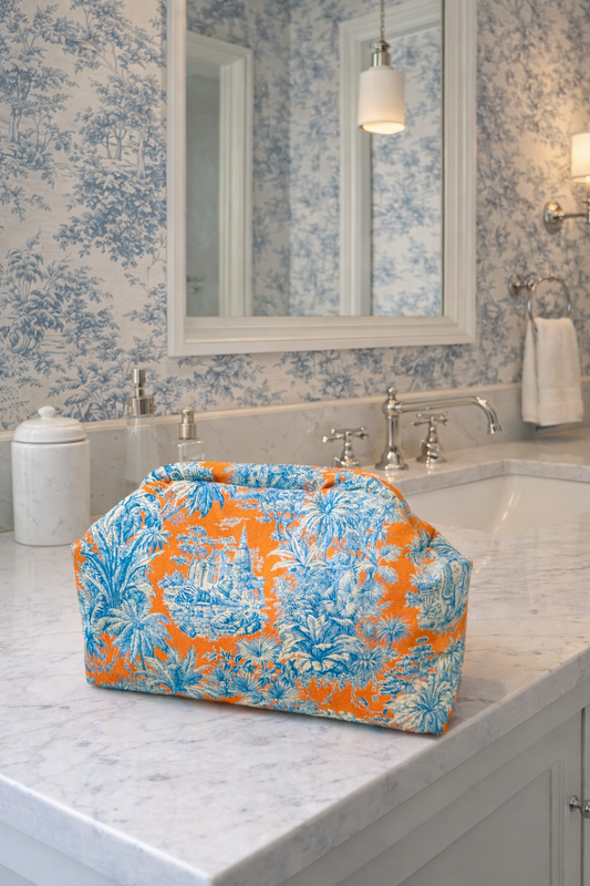 Trousse de toilette toile de Jouy orange et bleu