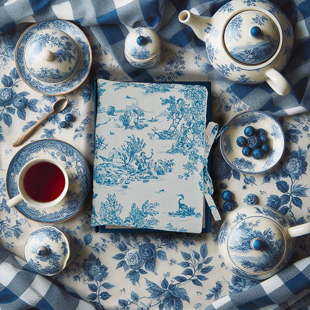 Pochette à livres Toile de Jouy bleu en coton avec liens à nouer