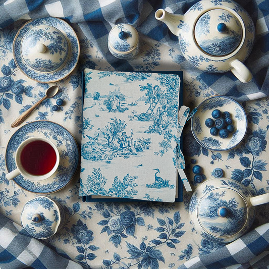 Pochette à livres Toile de Jouy bleu en coton avec liens à nouer