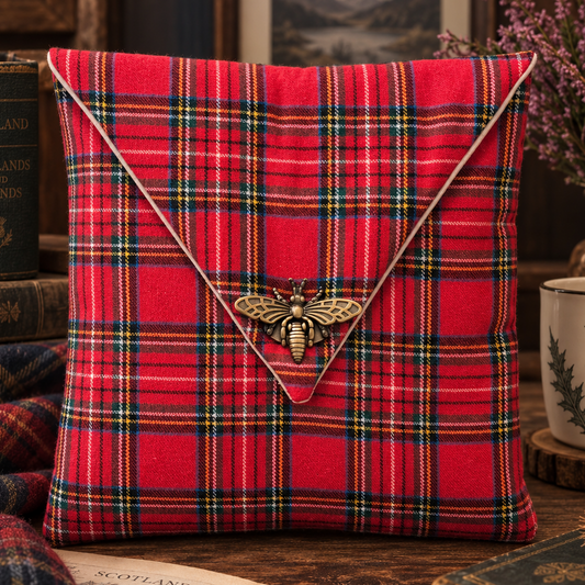 Pochette pour livre en tissu tartan rouge avec fermoir abeille en laiton