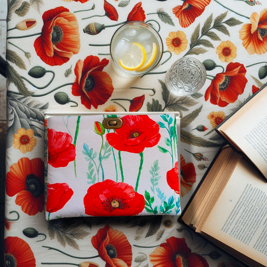 Pochette pour livre et liseuse en coton imprimé coquelicots et fermoir en laiton
