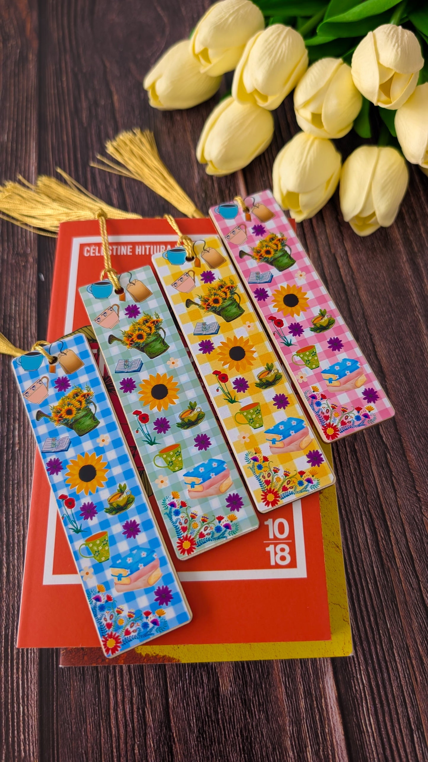 Marque-pages en bois fait main imprimé été cosy jaune