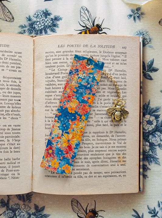 Marque-pages en bois fait main imprimé floral chaine bijoux abeille