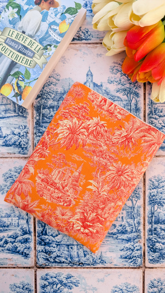 Pochette à livre et liseuse Toile de Jouy orange et rouge