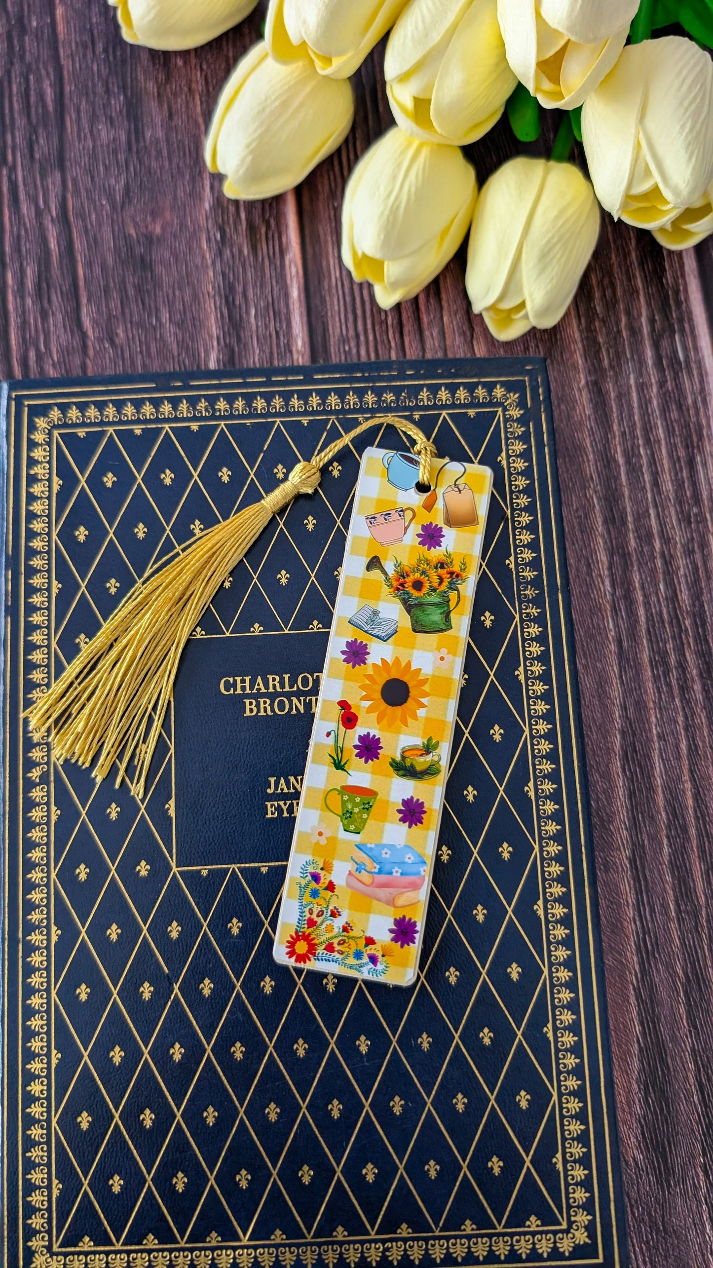 Marque-pages en bois fait main imprimé été cosy jaune