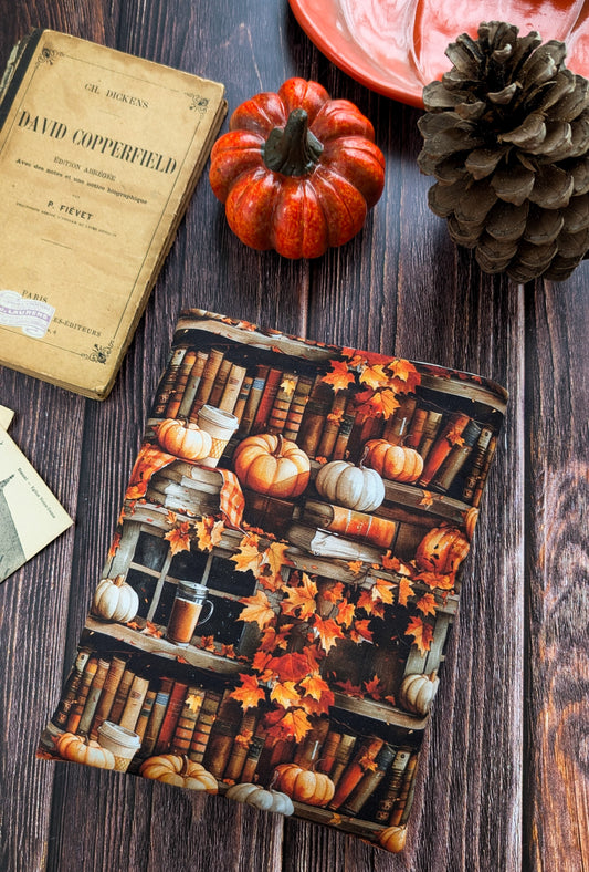 Pochette à livre et liseuse imprimé bibliothèque citrouilles